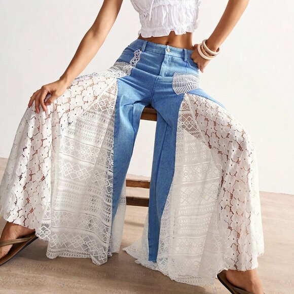 Pants - Blue And White Casual Women's Bohemian Style Mixed High Waist Bell Bottom Pants